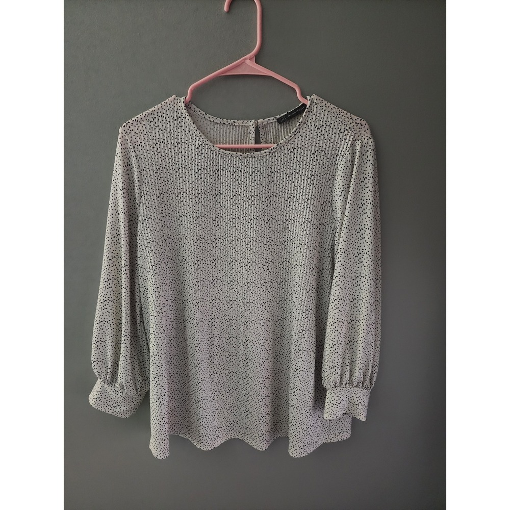 Adrianna Papell White Black Polka Dot Plisse Pleated Long Sleeve Blouse Top